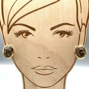 Ocean Jasper Oval Cabochon Earrings in Tiered Gold Tone Frames, Vintage Clip On